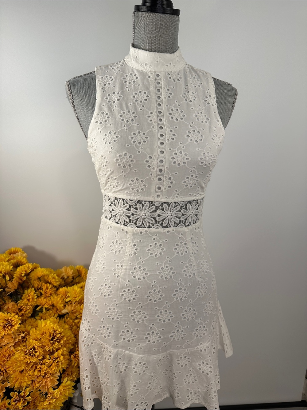 June & Ivy White Eyelet Lace Sleeveless Dress with Open Waist Detail